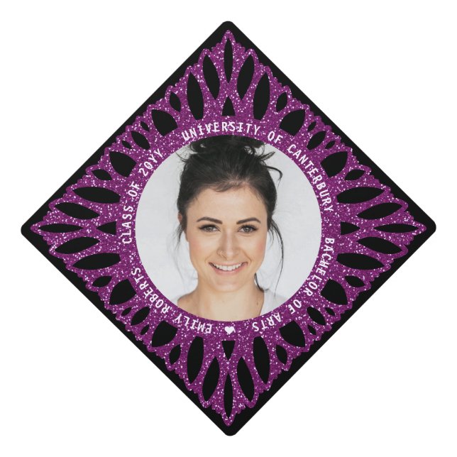 Elegant Modern Purple Glitter Floral Photo Graduation Cap Topper (Front)