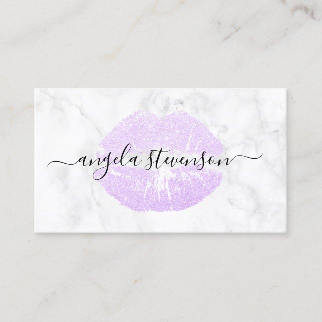 Elegant modern purple glitter lips white marble business card (Front)