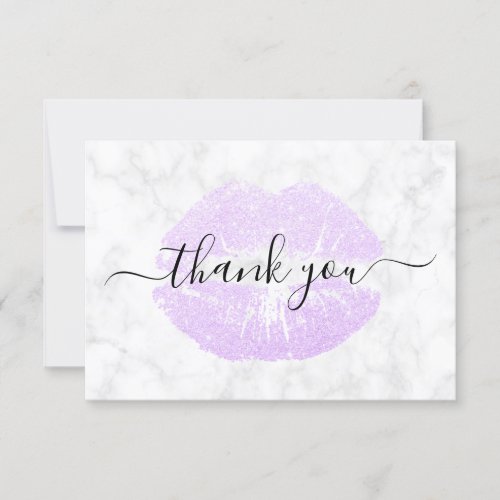 Elegant modern purple glitter lips white marble thank you card