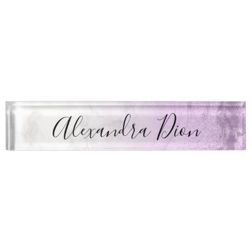 Elegant modern purple glitter white marble desk name plate