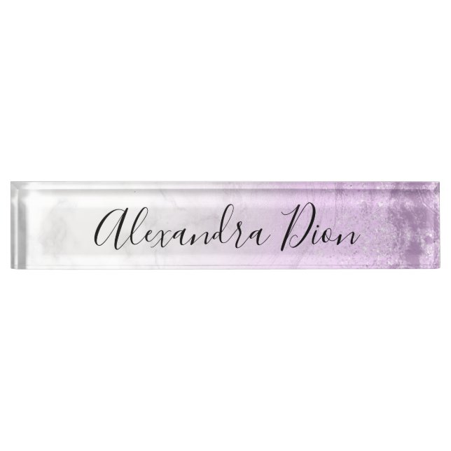 Elegant modern purple glitter white marble desk name plate (Front)