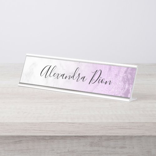 Elegant modern purple glitter white marble desk name plate