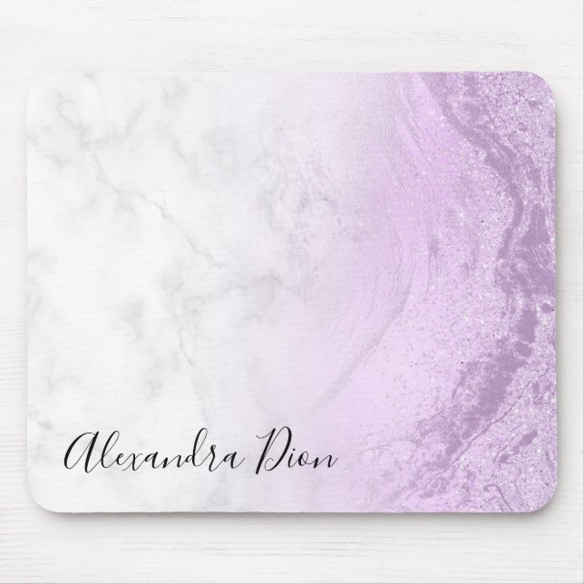Elegant modern purple glitter white marble mouse pad (Front)