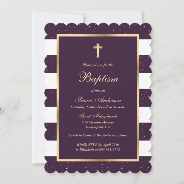 Elegant Modern Purple Gold Baptism Invitation (Front)