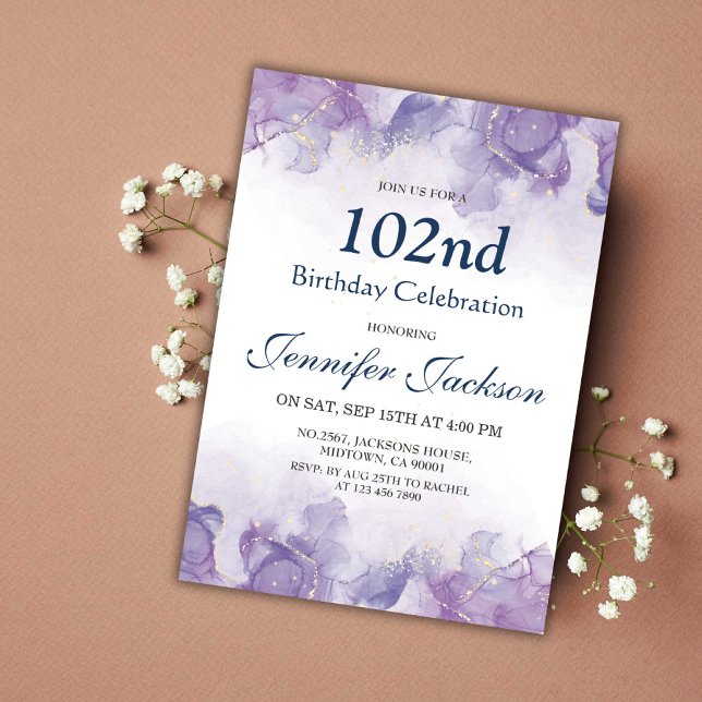 Elegant modern purple & gold floral 102nd birthday invitation (Creator Uploaded)