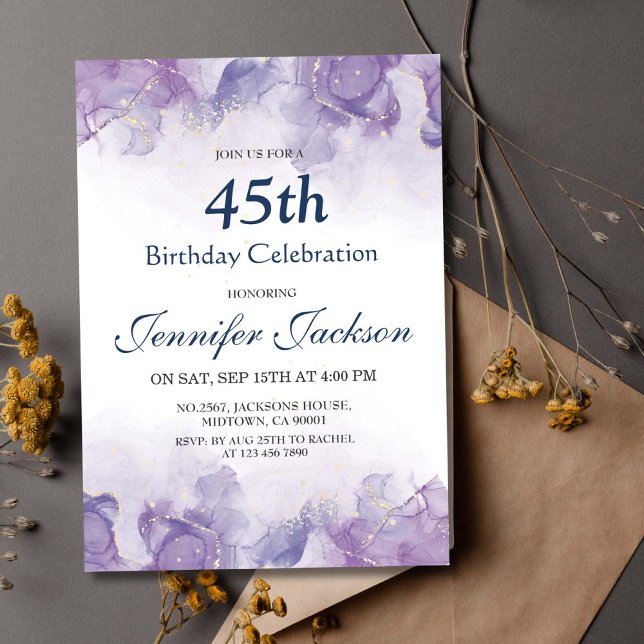 Elegant modern purple & gold floral 45th birthday invitation (Creator Uploaded)