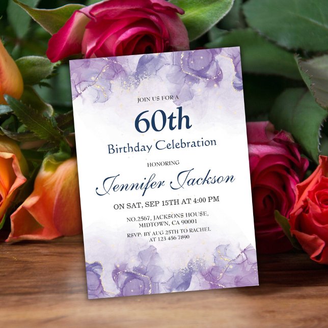Elegant modern purple & gold floral 60th birthday invitation (Creator Uploaded)