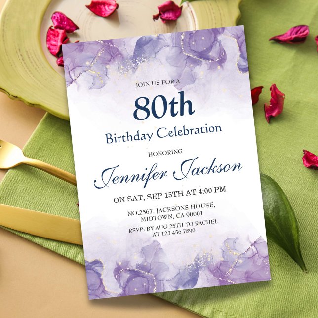 Elegant modern purple & gold floral 80th birthday invitation (Creator Uploaded)