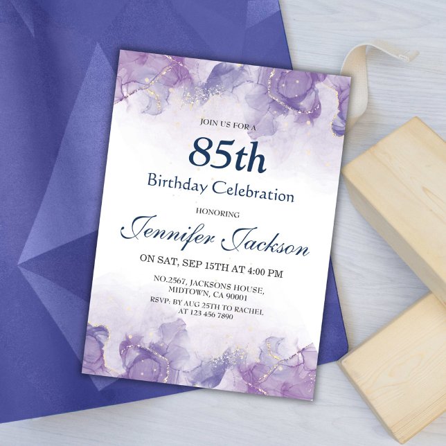 Elegant modern purple & gold floral 85th birthday invitation (Creator Uploaded)