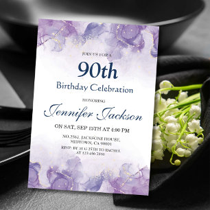 Elegant modern purple & gold floral 90th birthday invitation