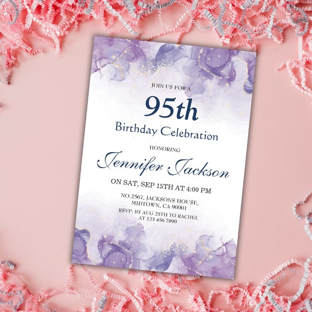 Elegant modern purple & gold floral 95th birthday invitation (Creator Uploaded)