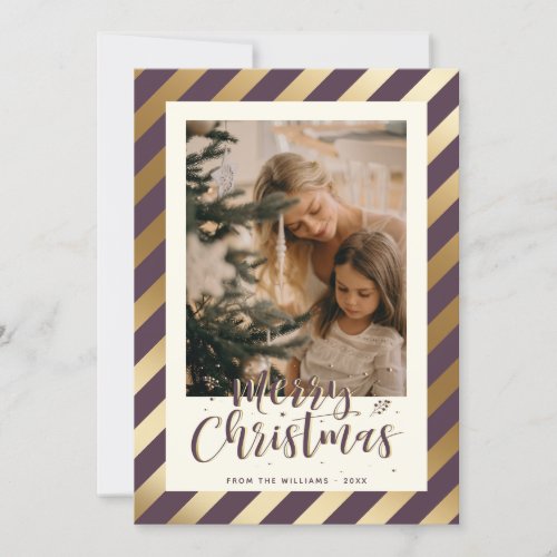 Elegant Modern Purple Gold Merry Christmas Photo Holiday Card