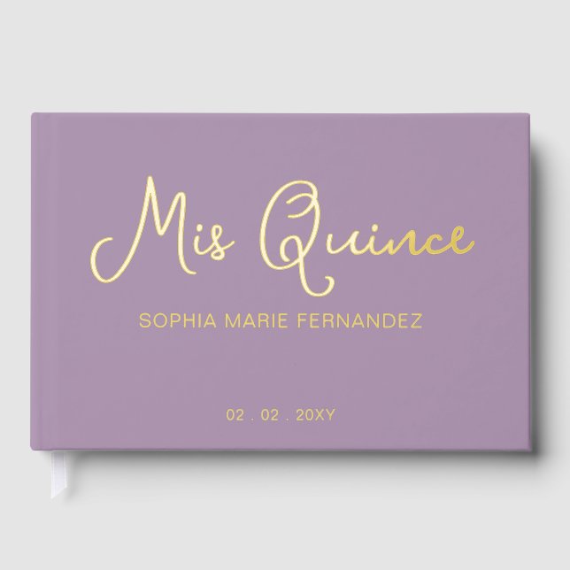 Elegant Modern Purple Gold Photo Quinceañera Foil Guest Book (Front)