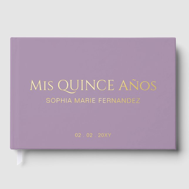 Elegant Modern Purple Gold Quinceañera Foil Guest Book (Front)