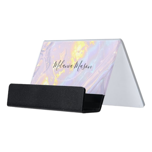 Elegant Modern Purple Holographic Desk Business Card Holder (Angled Front)