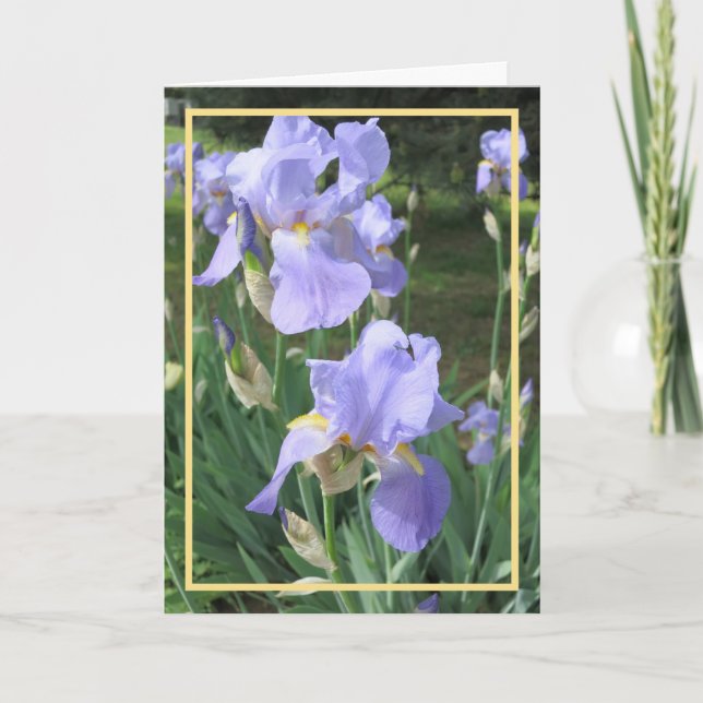 Elegant Modern Purple Irises Photo Golden Frame Card (Front)