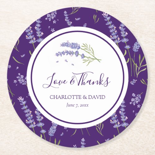Elegant Modern Purple Lavender Floral Wedding Round Paper Coaster