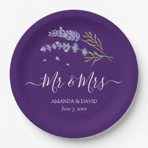 Elegant Modern Purple Lavender Mr and Mrs Wedding Paper Plates