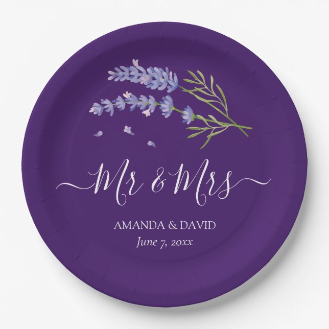 Elegant Modern Purple Lavender Mr and Mrs Wedding Paper Plates (Front)