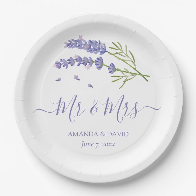 Elegant Modern Purple Lavender Mr and Mrs Wedding Paper Plates (Front)