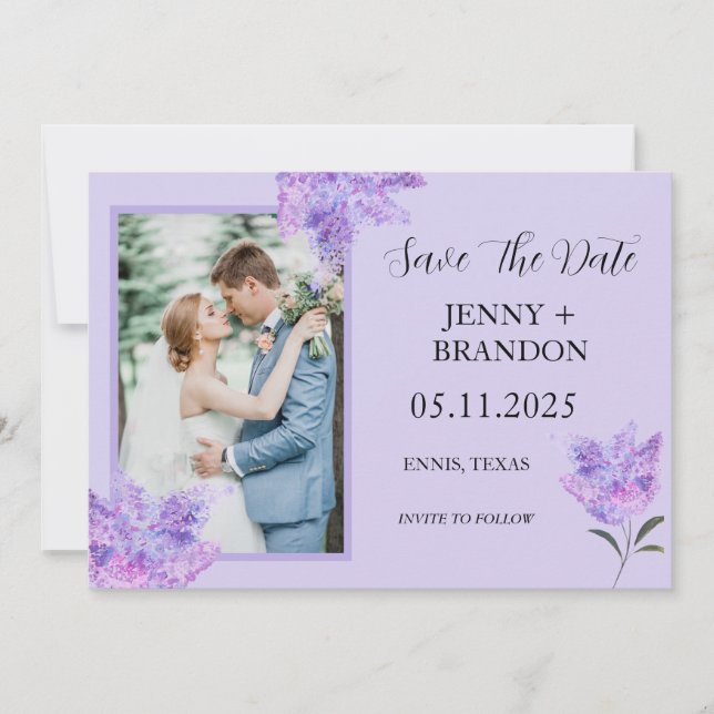 Elegant Modern Purple Lilac Floral Photo chic   Save The Date (Front)