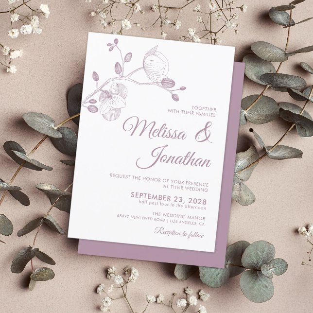 Elegant modern purple orchids floral wedding invitation (Creator Uploaded)