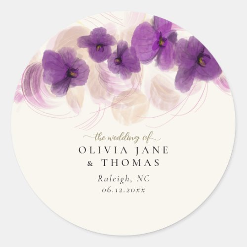 Elegant Modern Purple Orchids Gold Floral Wedding Classic Round Sticker