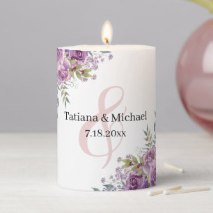 elegant modern purple pink floral wedding chic pillar candle