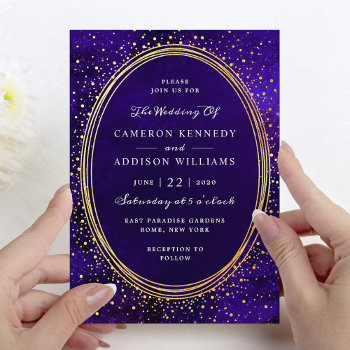 Elegant Modern Purple Sparkling Gold Wedding Invitation by girlygirlgraphics at Zazzle