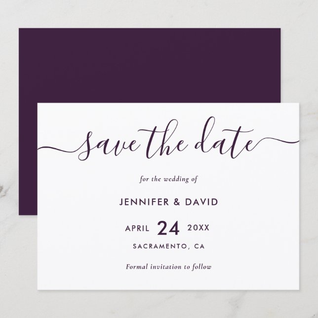 Elegant Modern Purple Wedding Save The Date (Front/Back)