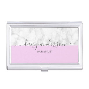 Elegant modern purple & white marble hair stylist business card case