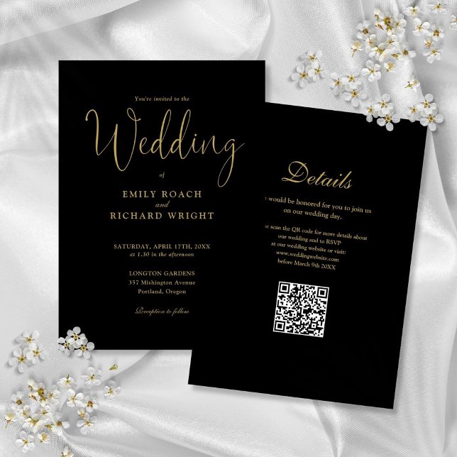 Elegant Modern QR Code Black And Gold Wedding Invitation (Elegant Modern QR Code Black And Gold Wedding Invitation)