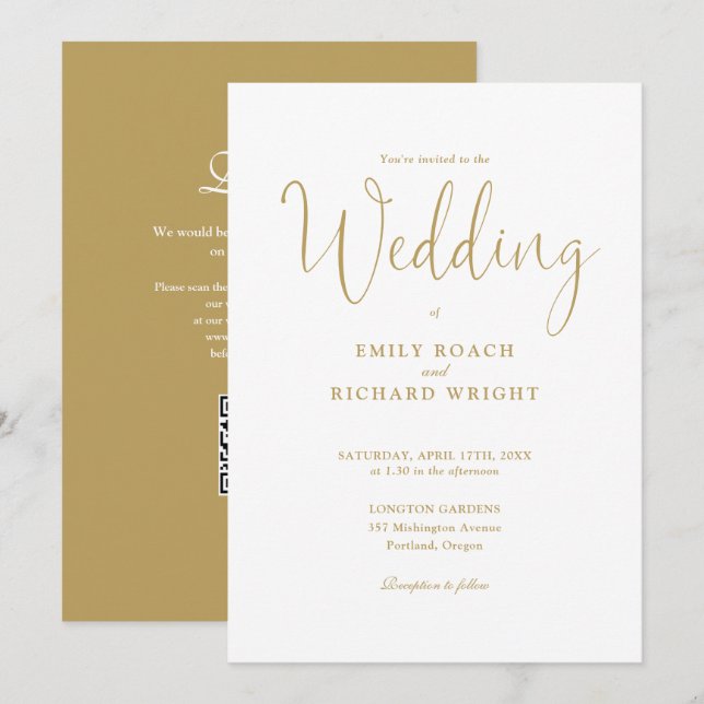 Elegant Modern QR Code Chic Gold Wedding Invitation (Front/Back)