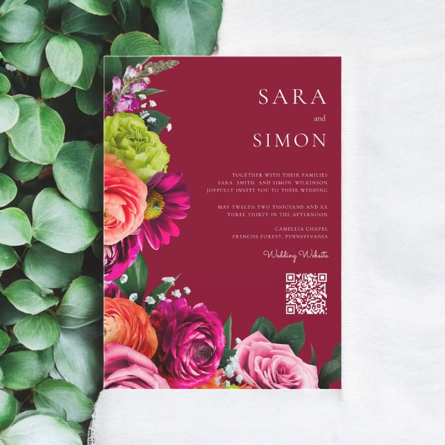 elegant  modern QR code floral burgundy wedding Invitation (modern  burgundy wedding invitation with qr code , )