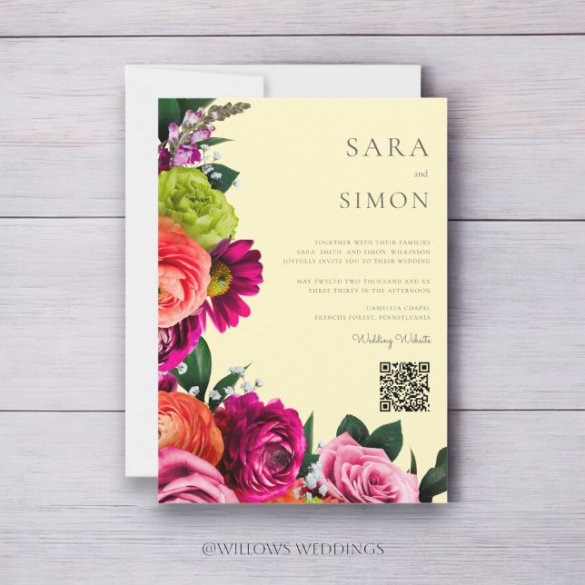 elegant  modern QR code floral  wedding Invitation (modern wedding website qr code vibrant florals wedidng invitation )