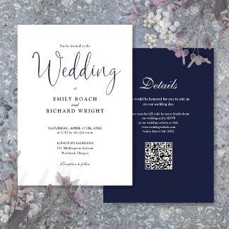 Elegant Modern QR Code Navy Blue Wedding Invitation