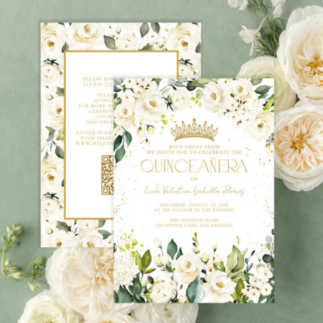 Elegant Modern QR White Gold Floral Quinceañera Invitation (Creator Uploaded)