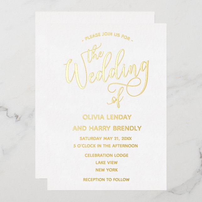 Elegant Modern Real Gold Script Wedding Foil Invitation (Front/Back)