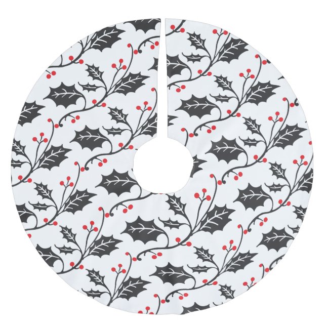 Elegant Modern Red and Black Holly Pattern Brushed Polyester Tree Skirt (Front)