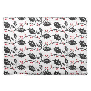 Elegant Modern Red and Black Holly Pattern Cloth Placemat