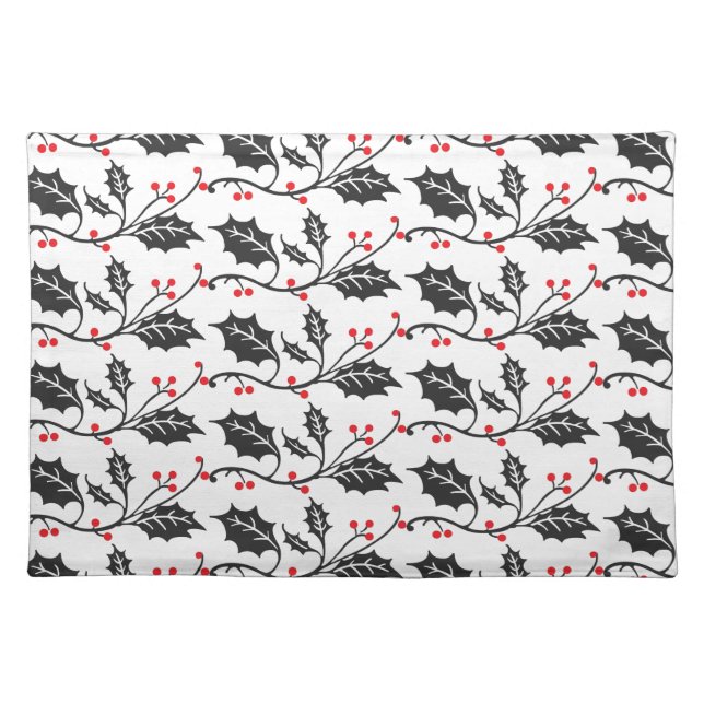 Elegant Modern Red and Black Holly Pattern Cloth Placemat (Front)