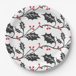 Elegant Modern Red and Black Holly Pattern Paper Plates