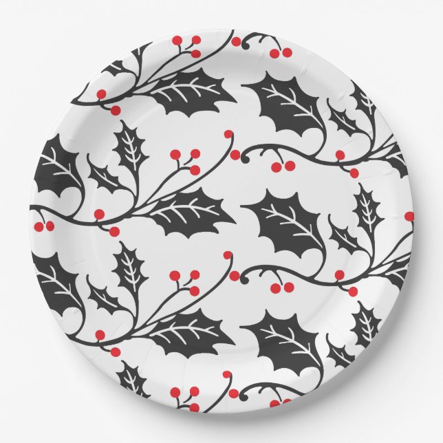 Elegant Modern Red and Black Holly Pattern Paper Plates (Front)
