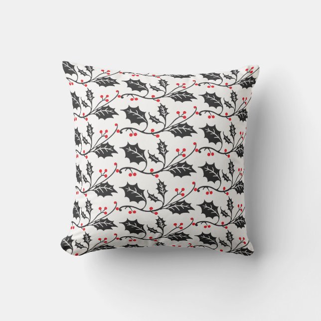 Elegant Modern Red and Black Holly Pattern Throw Pillow (Front)