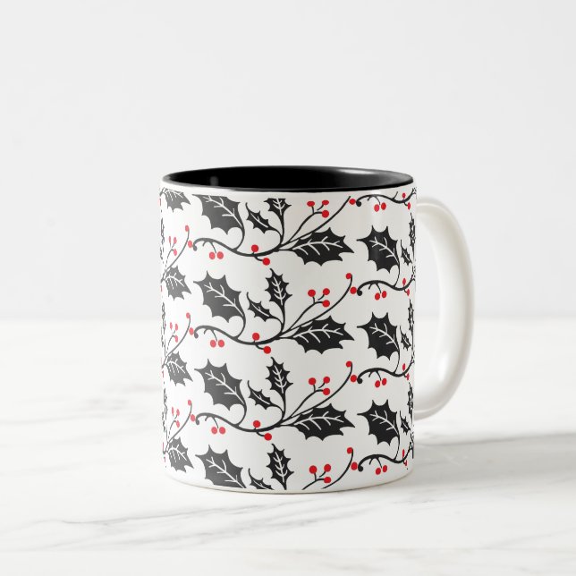 Elegant Modern Red and Black Holly Pattern Two-Tone Coffee Mug (Front Right)