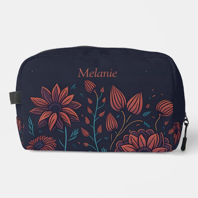 Elegant Modern Red and Blue Floral Personalised Dopp Kit (Front)