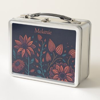 Elegant Modern Red And Blue Floral Personalised Metal Lunch Box by LouiseBDesigns at Zazzle