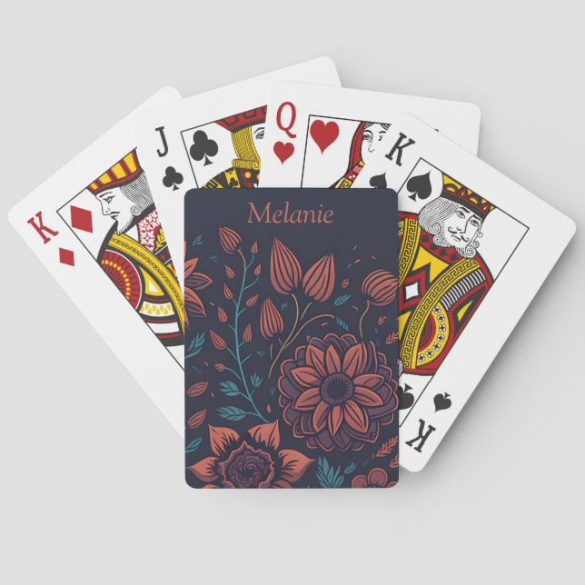 Elegant Modern Red and Blue Floral Personalised Poker Cards (Back)