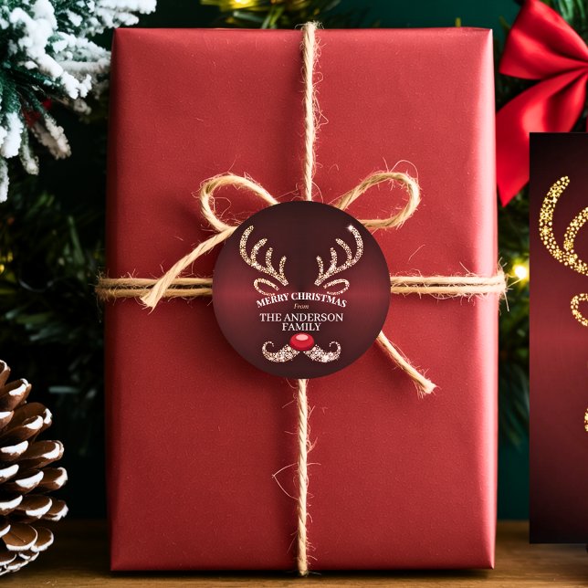 Elegant Modern Red and Gold Reindeer Christmas Classic Round Sticker (Creator Uploaded)