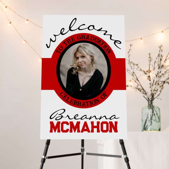 Elegant Modern Red Black Graduation Photo Welcome Foam Board (In Situ (Stand))